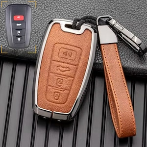 ToyotaCustomizable Key Fob protector cover set made of Aluminum and Leather, with a full Keychain  (for 4-button key fob)