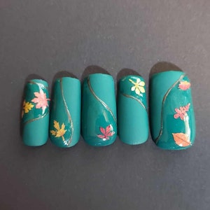Fall Green press on nails &quot;Autumn Leaves Floating Down Stream&quot; * Also Available in &quot;Two Nails Shorter&quot; (IYKYK) Variations
