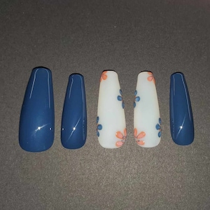 Navy Blue Nails with Frost White, Fall Orange, and Navy Blue flower accent Press On Nails *Also Avail in&quot;Two Nails Shorter&quot;(IYKYK)Variations