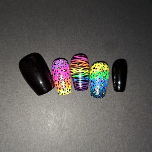 Lisa Frank inspired rainbow press on nails. Fun summer, Handpainted nail set.  *Also Avail in &quot;Two Nails Shorter&quot;(IYKYK) Variations&quot;*