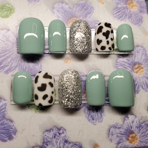 Teal Southwestern style Press on nail set with cute matte cow print accent nail * Also Available in "Two Nails Shorter" (IYKYK) Variations