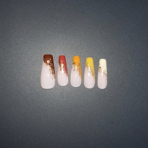 Autumn/Fall Asymmetrical Multi-Colored Press On Nails with Rose Gold Flakes **Also Available in &quot;Two Nails Shorter&quot; (IYKYK) Variations**