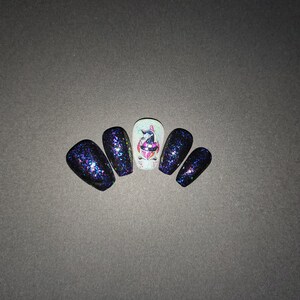 Cute Black Glitter Press On Nails With White Unicorn In a Witch Hat Accent Nail **Also Available in "Two Nails Shorter" (IYKYK) Variations**