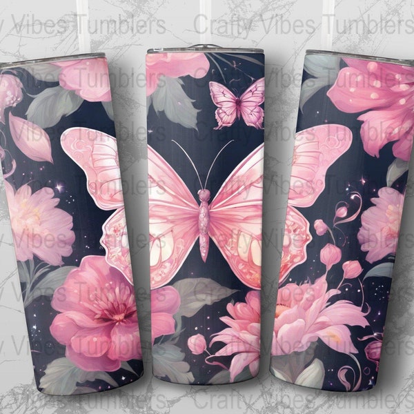 Floral Butterfly Tumbler, Pink Garden Insulated Cup, Nature Lover Drinkware, Botanical Travel Mug Gift