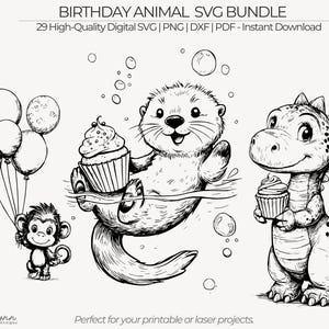 Birthday SVG Bundle, 35 Whimsical Animal & Items Line Art, Black and White Clipart, Digital Download
