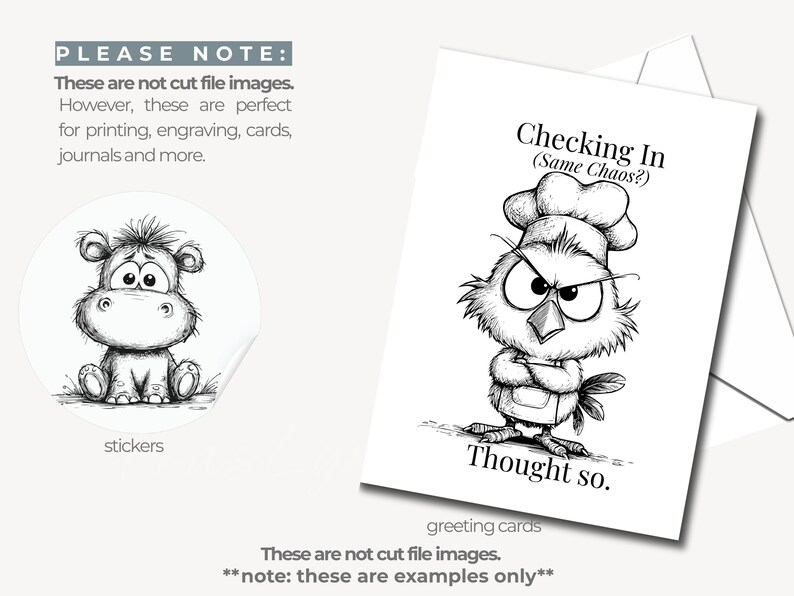 May include: Black and white illustrations of a hippo sticker and a greeting card. The card features an angry bird wearing a chef's hat with the text "Checking In (Same Chaos?) Thought so."