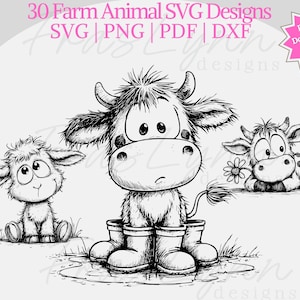 以下が含まれることがあります： 3匹の漫画の農場の動物の白黒イラスト：羊、ブーツを履いた牛、花を持った子牛。画像には「30 Farm Animal SVG Designs」と「Digital Download - Instant Access」の文字が含まれています。