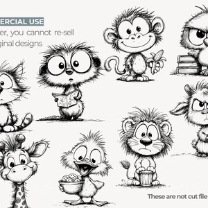May include: A collection of whimsical cartoon animal illustrations in black and white. The image includes a cat, monkey, owl, lion, giraffe, duck, and other creatures. The text "COMMERCIAL USE" and "These are not cut file images" is also present.