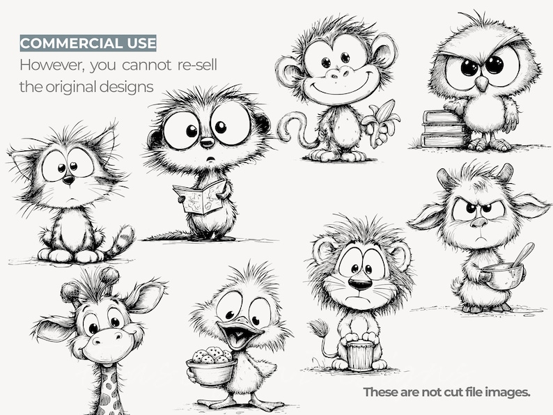 May include: A collection of whimsical cartoon animal illustrations in black and white. The image includes a cat, monkey, owl, lion, giraffe, duck, and other creatures. The text "COMMERCIAL USE" and "These are not cut file images" is also present.