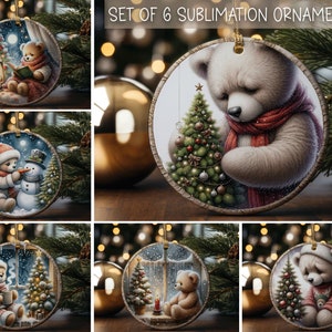Bear Christmas Ornaments Circle Ornament Sublimation Designs Printable Cute Christmas Ornament Designs Bundle of 6 Ornaments Download Only