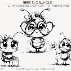 May include: Black and white digital illustrations of three cartoon bees. One bee wears heart-shaped glasses, another holds a jar, and the third holds a flower. Text reads "BEES SVG BUNDLE" and "Perfect for your printable or laser projects."