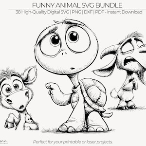 Könnte beinhalten: Eine schwarz-weiße digitale Illustration mit drei Zeichentricktieren: einem Kalb mit großen Augen, einer Schildkröte mit großem Kopf und einer Ziege mit verzweifeltem Ausdruck. Der Text lautet FUNNY ANIMAL SVG BUNDLE und 38 High-Quality Digital SVG | PNG | DXF | PDF - Instant Download.