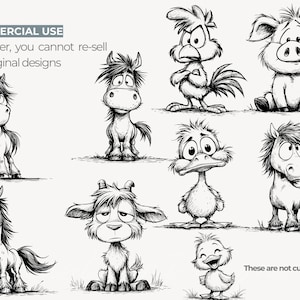 May include: A collection of whimsical, black and white cartoon animal illustrations. The image includes a horse, rooster, pig, duck, goat, and chick. Text at the top reads "COMMERCIAL USE" and "However, you cannot re-sell the original designs."