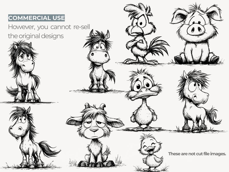 May include: A collection of whimsical, black and white cartoon animal illustrations. The image includes a horse, rooster, pig, duck, goat, and chick. Text at the top reads "COMMERCIAL USE" and "However, you cannot re-sell the original designs."
