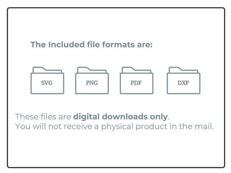 May include: Image showing four file format icons: SVG, PNG, PDF, and DXF. Text states, "The Included file formats are:" and "These files are digital downloads only. You will not receive a physical product in the mail."