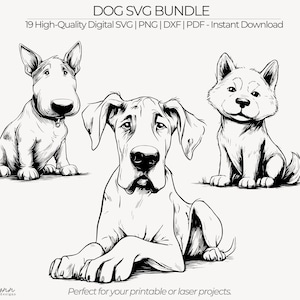May include: A digital SVG bundle with three dog illustrations in black and white: a Bull Terrier, a Great Dane, and a Shiba Inu. The text at the top reads "DOG SVG BUNDLE". Includes SVG, PNG, DXF, and PDF file formats.