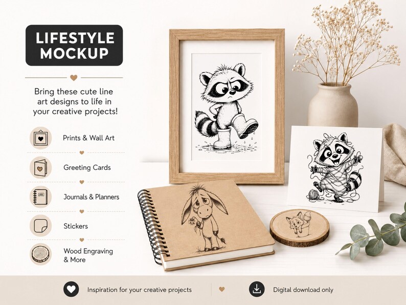 May include: A lifestyle mockup featuring a framed black and white raccoon print, a spiral-bound notebook with an Eeyore illustration, and a greeting card with a raccoon design. Additional items include a wooden coaster and a vase with dried flowers. The text reads "LIFESTYLE MOCKUP".