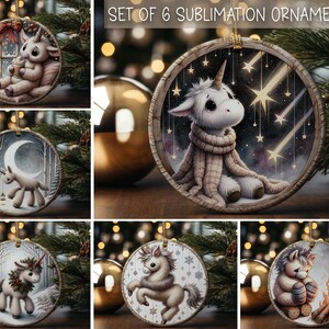 Ornement de Noël licorne, cercle, motifs en sublimation, motifs de décoration de Noël mignons à imprimer, lot de 6 décorations à télécharger uniquement