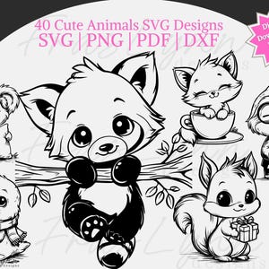 Op de afbeelding: Zwart-wit digitaal ontwerp met 40 schattige dierlijke SVG-ontwerpen. Bevat een koala, rode panda, vos in een theekopje, luiaard, zeehond en eekhoorn. Tekst bevat "40 Cute Animals SVG Designs" en "Direct download - Directe toegang."