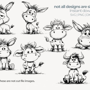 May include: Black and white cartoon illustrations of donkeys and cows with various expressions. The image includes the text "not all designs are shown" and "Instant download SVG | PNG | DXF | PNG". The text "These are not cut file images" is also present.