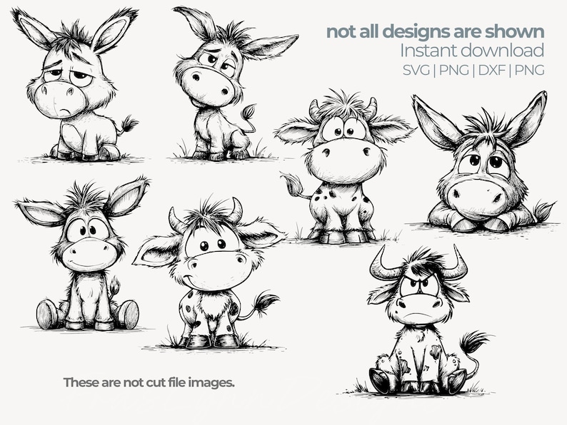 May include: Black and white cartoon illustrations of donkeys and cows with various expressions. The image includes the text "not all designs are shown" and "Instant download SVG | PNG | DXF | PNG". The text "These are not cut file images" is also present.