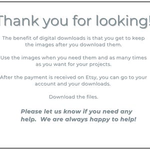 May include: White background with text that reads "Thank you for looking!" followed by information about digital downloads, including how to use the images and where to find them after purchase. The text also includes a request for help.