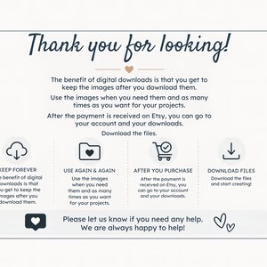 May include: A white background with text that reads "Thank you for looking!" and information about digital downloads. Icons illustrate key points: keep forever, use again, after purchase, and download files.