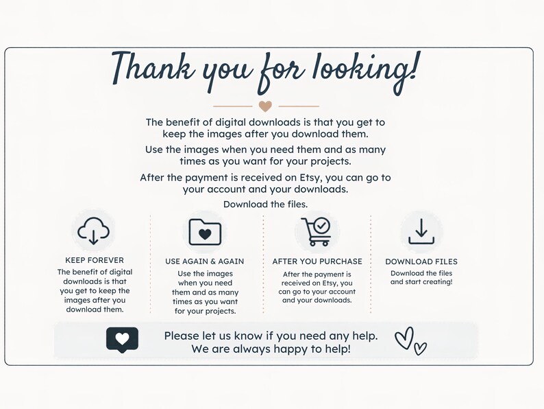 May include: A white background with text that reads "Thank you for looking!" and information about digital downloads. Icons illustrate key points: keep forever, use again, after purchase, and download files.