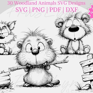 Puede incluir: Ilustración en blanco y negro de animales del bosque, incluyendo un lobo, un oso y un castor sosteniendo un palo. La imagen también presenta un letrero de madera y un tronco. El texto en la parte superior dice "30 Woodland Animals SVG Designs".