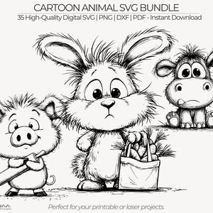May include: Black and white cartoon animal SVG bundle featuring a pig with a rolling pin, a rabbit with a bag of carrots, and a hippo. Text reads "CARTOON ANIMAL SVG BUNDLE" and "35 High-Quality Digital SVG | PNG | DXF | PDF - Instant Download".