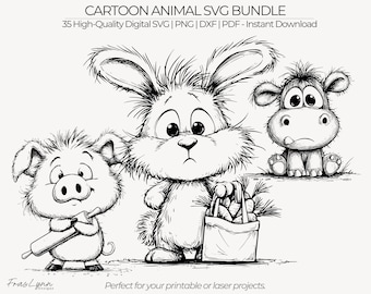 Paquete SVG de animales de dibujos animados divertidos / 35 dibujos de animales / Imágenes prediseñadas / Imprimibles / Grabado láser