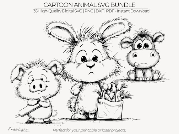 Funny Cartoon Animals SVG Bundle | 35 Animal Line Art | Art Clipart | Printable | Laser Engraving