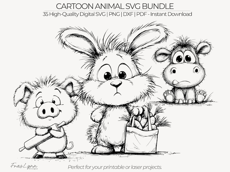 May include: Black and white cartoon animal SVG bundle featuring a pig with a rolling pin, a rabbit with a bag of carrots, and a hippo. Text reads "CARTOON ANIMAL SVG BUNDLE" and "35 High-Quality Digital SVG | PNG | DXF | PDF - Instant Download".