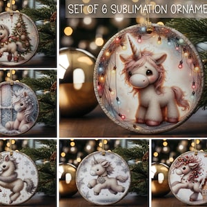 Ornement de Noël licorne, cercle, motifs en sublimation, motifs de décoration de Noël mignons à imprimer, lot de 6 décorations à télécharger uniquement