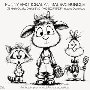 Könnte beinhalten: Schwarz-Weiß-Illustration von drei Zeichentricktieren: einem Waschbären, der ein Buch liest, einer Ziege mit Latzhose, die einen Korb hält, und einem Vogel mit Mikrofon. Der Text oben lautet "FUNNY EMOTIONAL ANIMAL SVG BUNDLE".