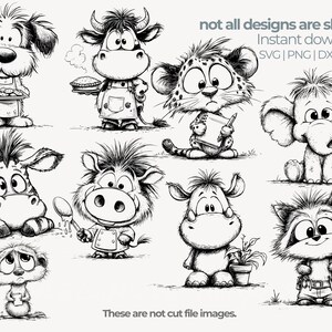 May include: A collection of whimsical, black and white cartoon animal illustrations. The animals include a dog, cow, cheetah, elephant, zebra, warthog, rhino, meerkat, and raccoon. Text on the image states "not all designs are shown" and "Instant download".