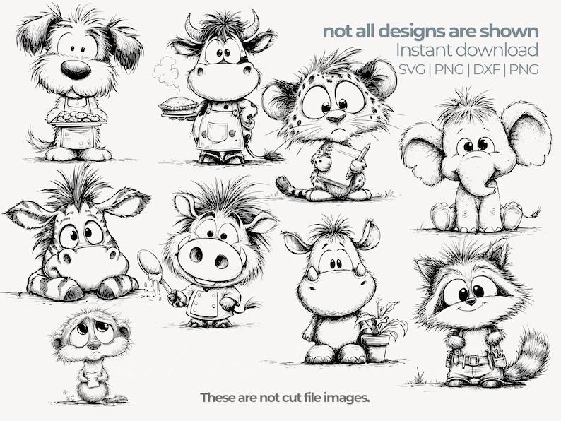 May include: A collection of whimsical, black and white cartoon animal illustrations. The animals include a dog, cow, cheetah, elephant, zebra, warthog, rhino, meerkat, and raccoon. Text on the image states "not all designs are shown" and "Instant download".