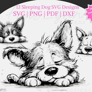 Może przedstawiać: Czarno-białe ilustracje śpiących psów. Obraz zawiera trzy różne projekty psów, z tekstem "13 Sleeping Dog SVG Designs" i opcjami typu pliku: SVG, PNG, PDF i DXF. Różowy grafika w kształcie gwiazdy mówi "Pobieranie cyfrowe - Natychmiastowy dostęp."