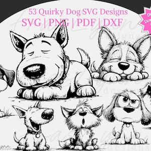 Könnte beinhalten: Schwarz-Weiß-Illustrationen verschiedener Hunderassen mit unterschiedlichen Gesichtsausdrücken. Das Bild enthält den Text "53 Quirky Dog SVG Designs" und "Digital Download - Instant Access". Verfügbar in SVG-, PNG-, PDF- und DXF-Formaten.