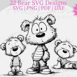 Puede incluir: Ilustración en blanco y negro de tres osos de dibujos animados. Uno está de pie, otro sentado y el tercero de pie. Todos visten camisetas a rayas y zapatillas. El texto dice "22 Bear SVG Designs" y "Digital Download - Instant Access."