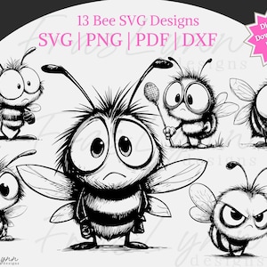 May include: A collection of black and white cartoon bee designs. The image shows 13 bee illustrations with different expressions and poses, some holding a tennis racket or a badminton racket. Text includes "13 Bee SVG Designs" and "Digital Download - Instant Access".
