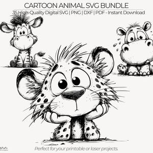 May include: A black and white cartoon animal SVG bundle. The image shows a zebra, a cheetah, and a hippo, each with detailed shading and expressive eyes. The text at the top reads "CARTOON ANIMAL SVG BUNDLE". The bottom text says "Perfect for your printable or laser projects."