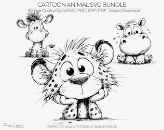 Paquete SVG de animales de dibujos animados divertidos / 35 dibujos de animales / Imágenes prediseñadas / Imprimibles / Grabado láser
