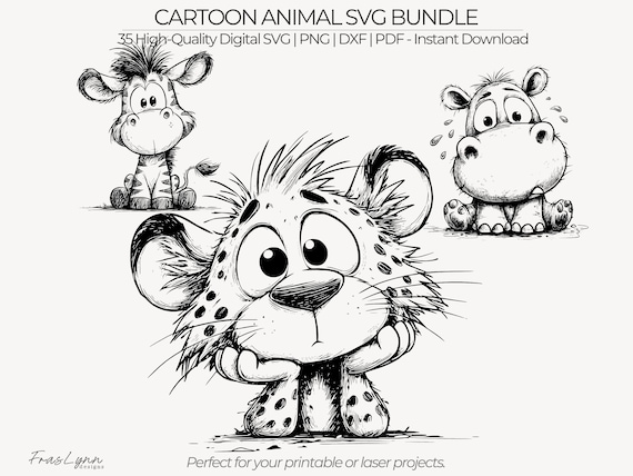 Funny Cartoon Animals SVG Bundle | 35 Animal Line Art | Art Clipart | Printable | Laser Engraving
