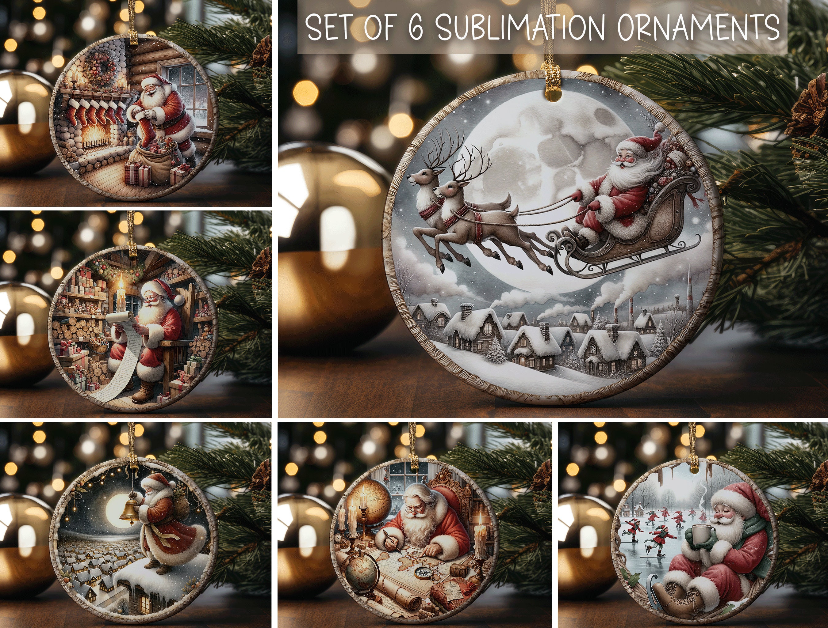 Santa Christmas Ornaments Circle Ornament Sublimation Designs Printable  Cute Christmas Ornament Designs Bundle of 6 Ornaments Download Only 