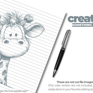 May include: A whimsical sketch of a giraffe peeking from lined paper, accompanied by a silver and black pen. The text "create SOMETHING NEW" is displayed. The image also includes the text "note: this is an example only".