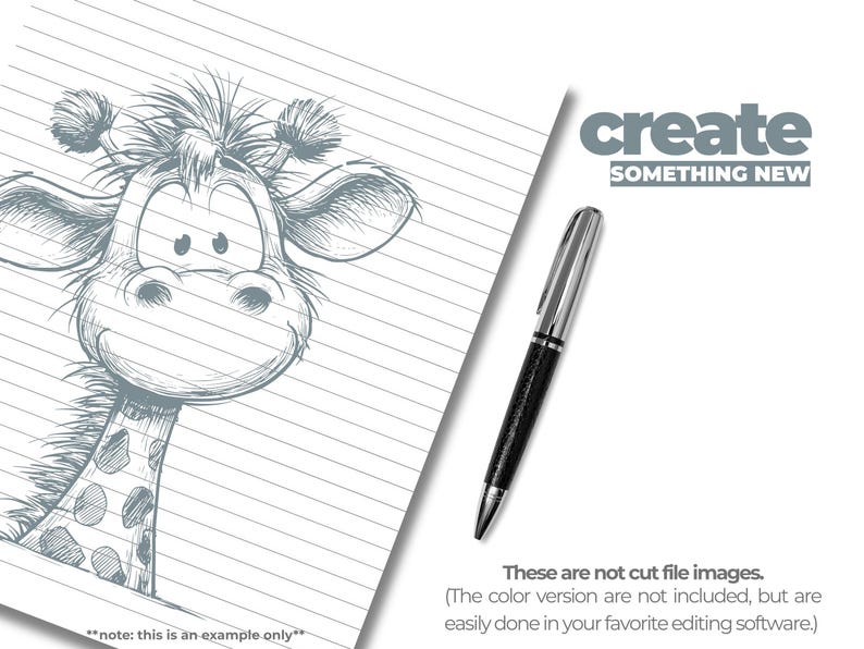 May include: A whimsical sketch of a giraffe peeking from lined paper, accompanied by a silver and black pen. The text "create SOMETHING NEW" is displayed. The image also includes the text "note: this is an example only".