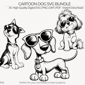 Könnte beinhalten: Ein digitales Grafikpaket mit dem Titel CARTOON DOG SVG BUNDLE mit 34 High-Quality Digital SVG | PNG | DXF | PDF - Instant Download. Das Bild zeigt drei schwarz-weiße Strichzeichnungen von Hunden, die Sonnenbrillen und Halsbänder tragen.