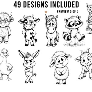 May include: Black and white illustrations of various farm animals with expressive faces. The image includes a cow, horse, raccoon, llama, duck, donkey, sheep, and goat. Text at the top reads "49 DESIGNS INCLUDED" and "PREVIEW 5 OF 5".