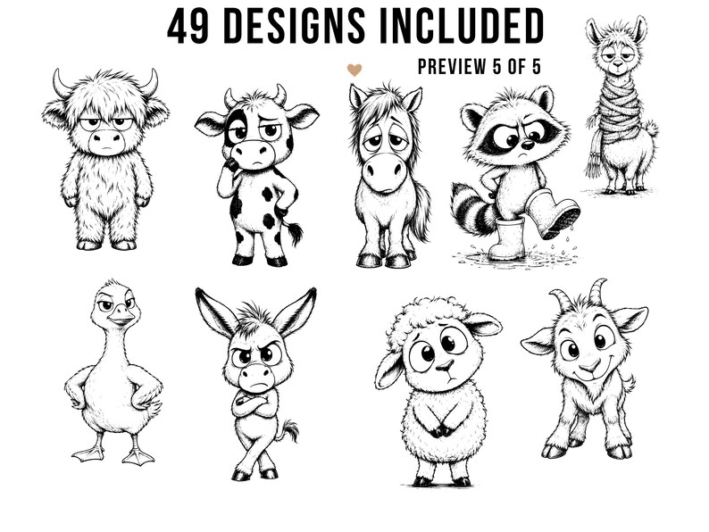 May include: Black and white illustrations of various farm animals with expressive faces. The image includes a cow, horse, raccoon, llama, duck, donkey, sheep, and goat. Text at the top reads "49 DESIGNS INCLUDED" and "PREVIEW 5 OF 5".
